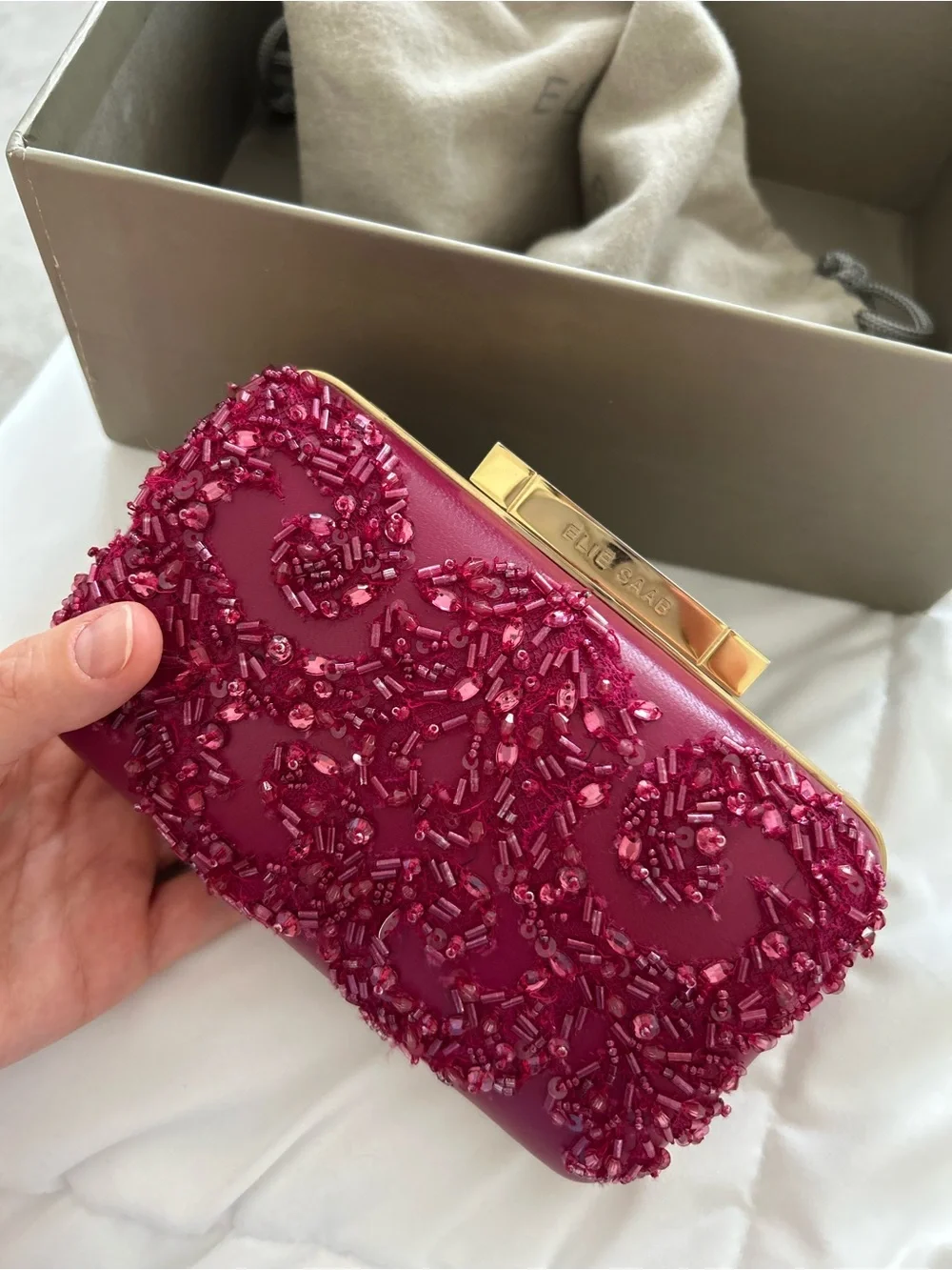 Elie Saab Pink Beaded Satin Minaudière with Gold Chain